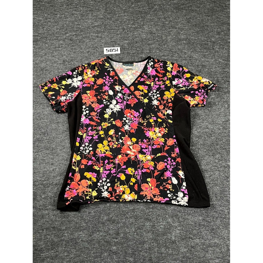 Cherokee Scrub Top Womens Large Black Pink Floral Mock Wrap Medical Nursing